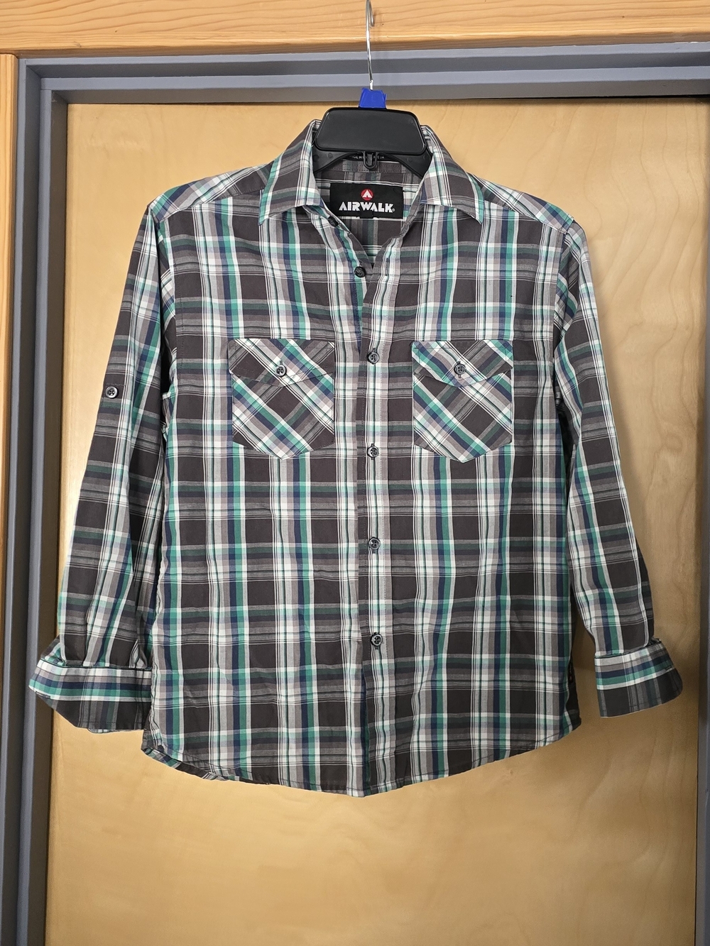 Airwalk Boys Gray Plaid Button-Down Shirt with Teal and White Stripes